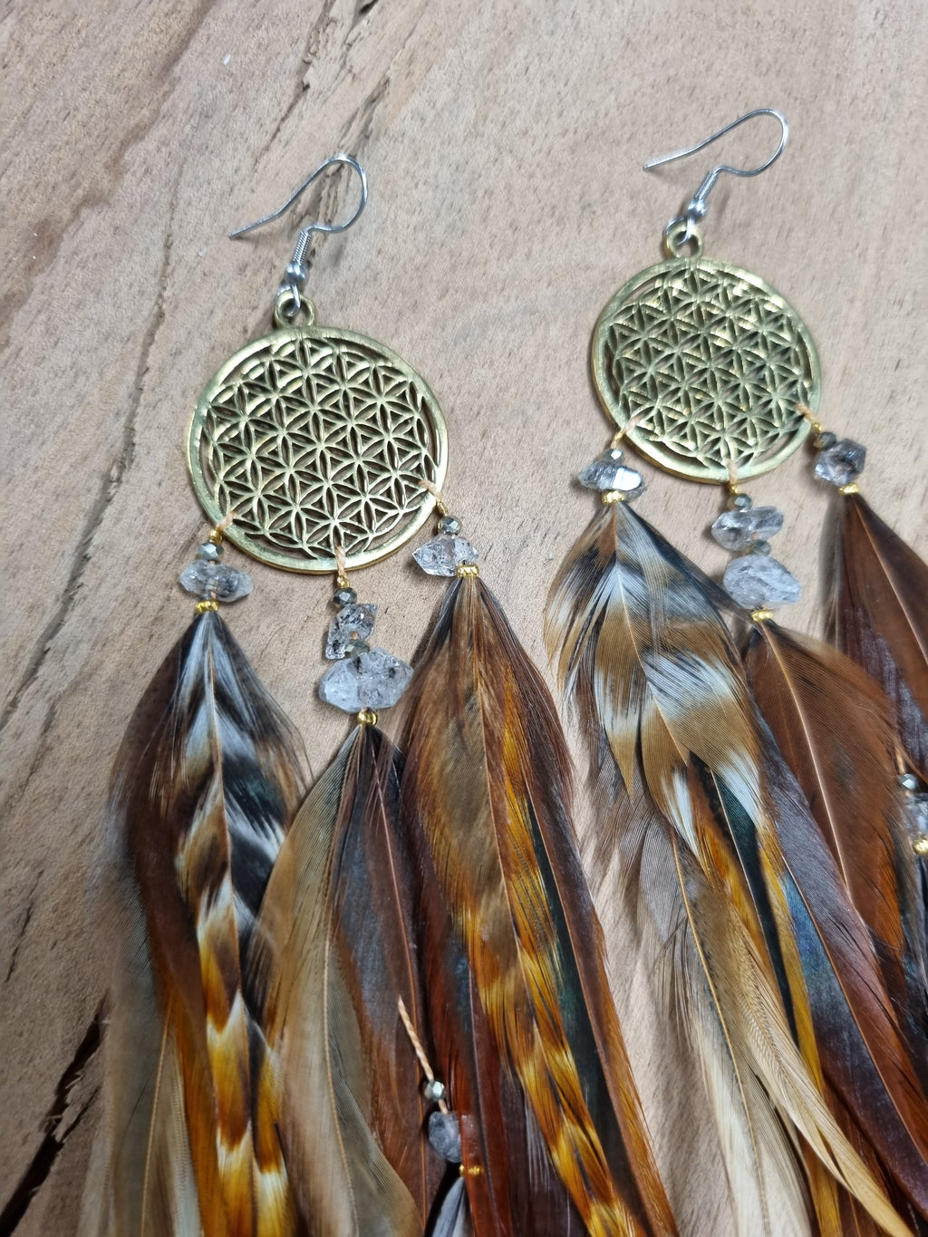 Feather earrings • Flower of Life with Crystals