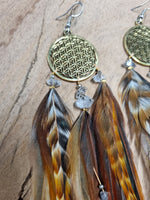 Feather earrings • Flower of Life with Crystals