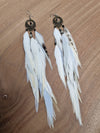 Feather earrings • White, striped and light blue Feathers • Dalmatian Jaspis stone