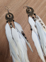 Feather earrings • White, striped and light blue Feathers • Dalmatian Jaspis stone
