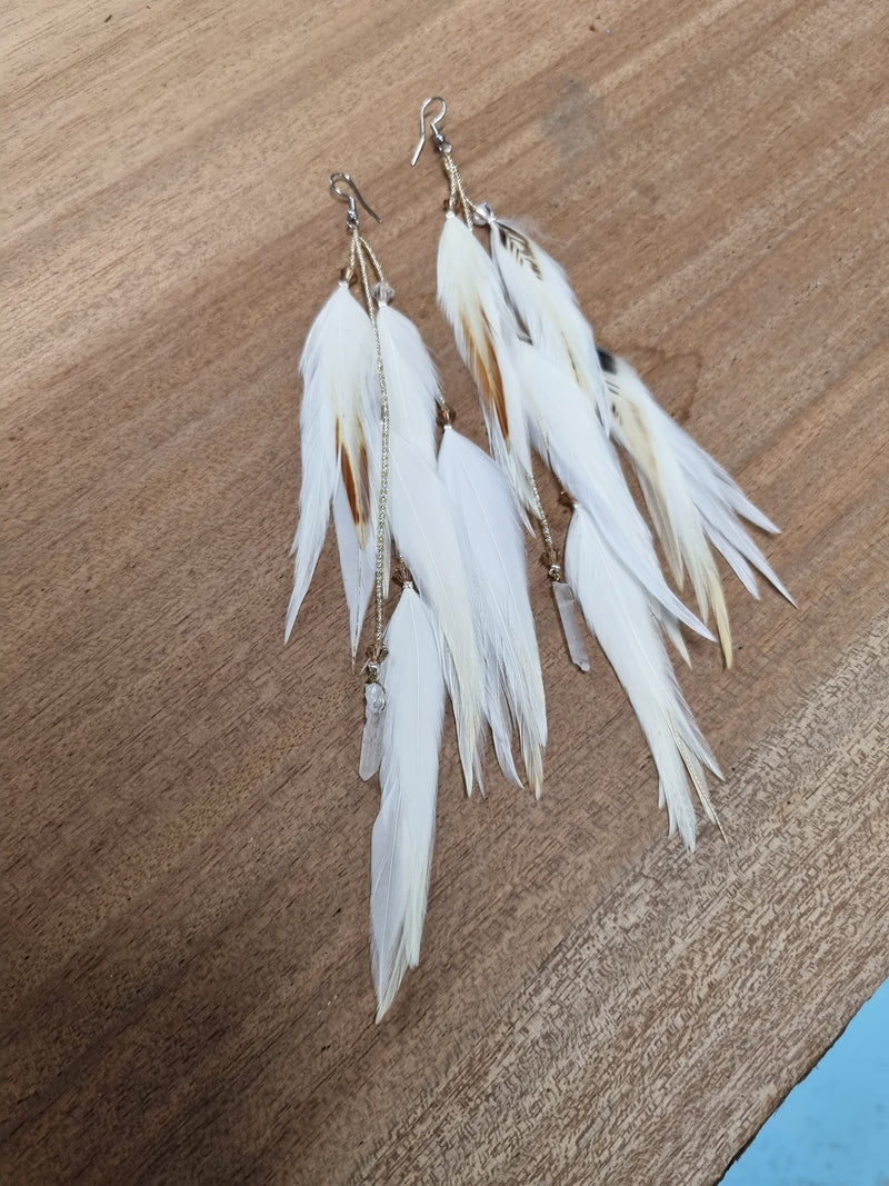 Feather earrings • White feathers with crystals