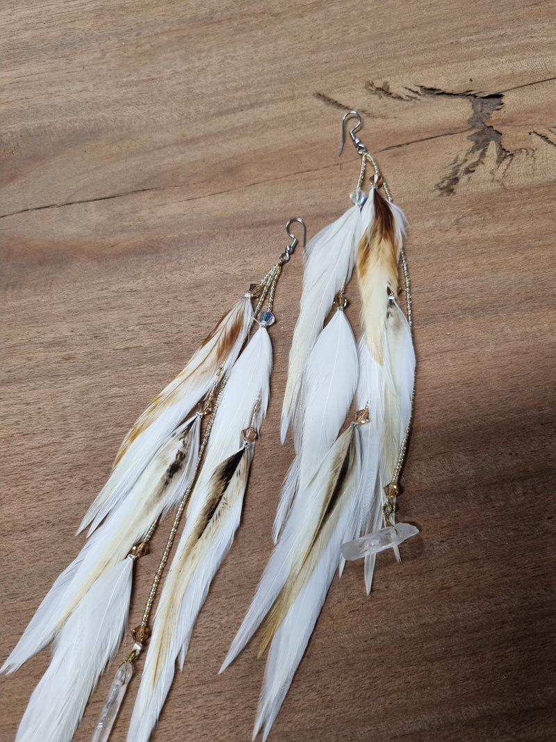 Feather earrings • White feathers with crystals II