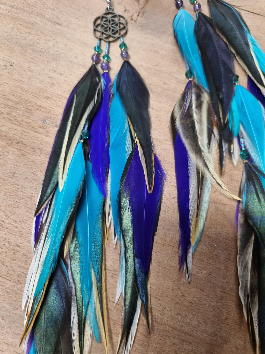 Feather earrings • Seed of Life • purple and turquoise feathers