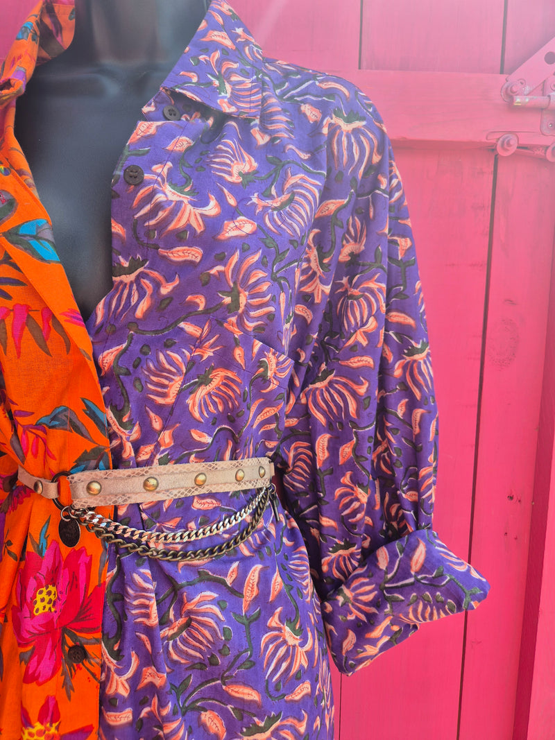 La Fairý • Cotton blockprint shirt/dress • one size • PURPLE/ORANGE