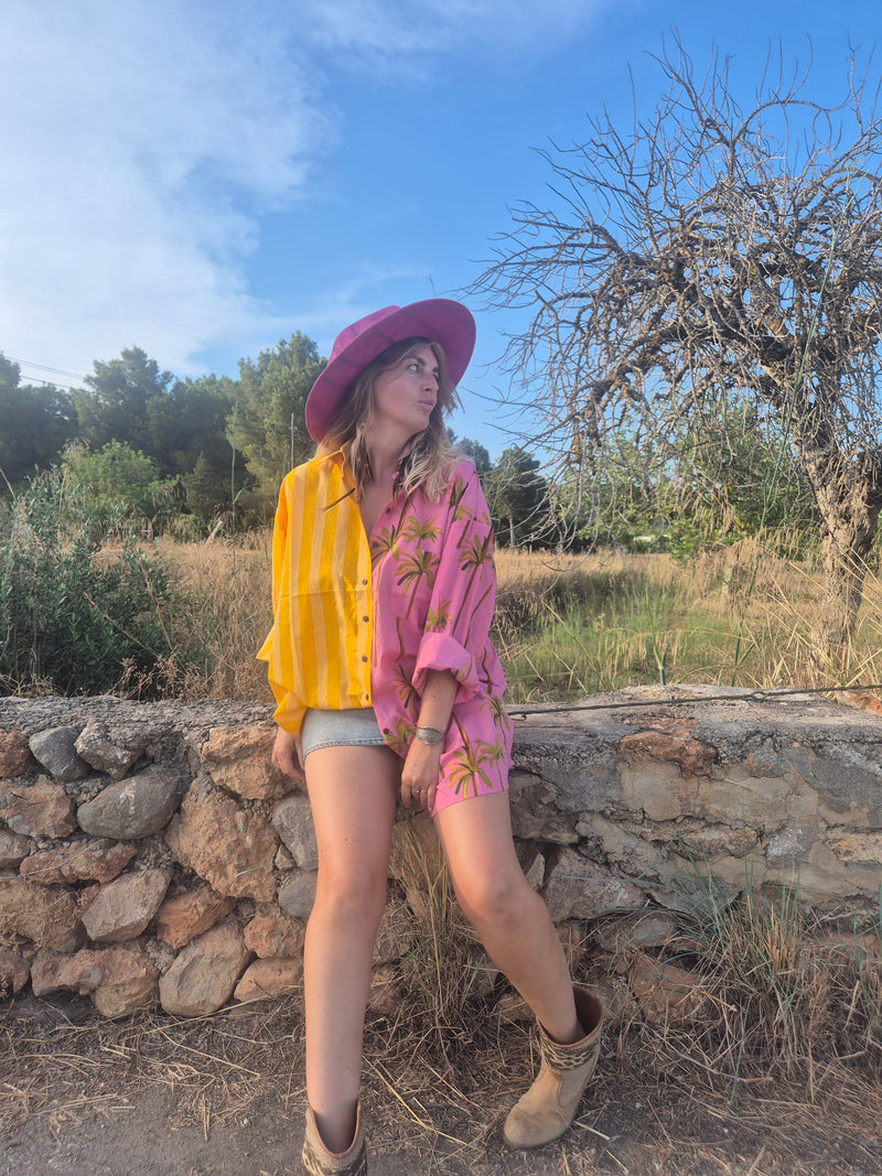 La Fairý • Cotton blockprint shirt/dress • one size • SUMMER VIBES • Pink palmtrees