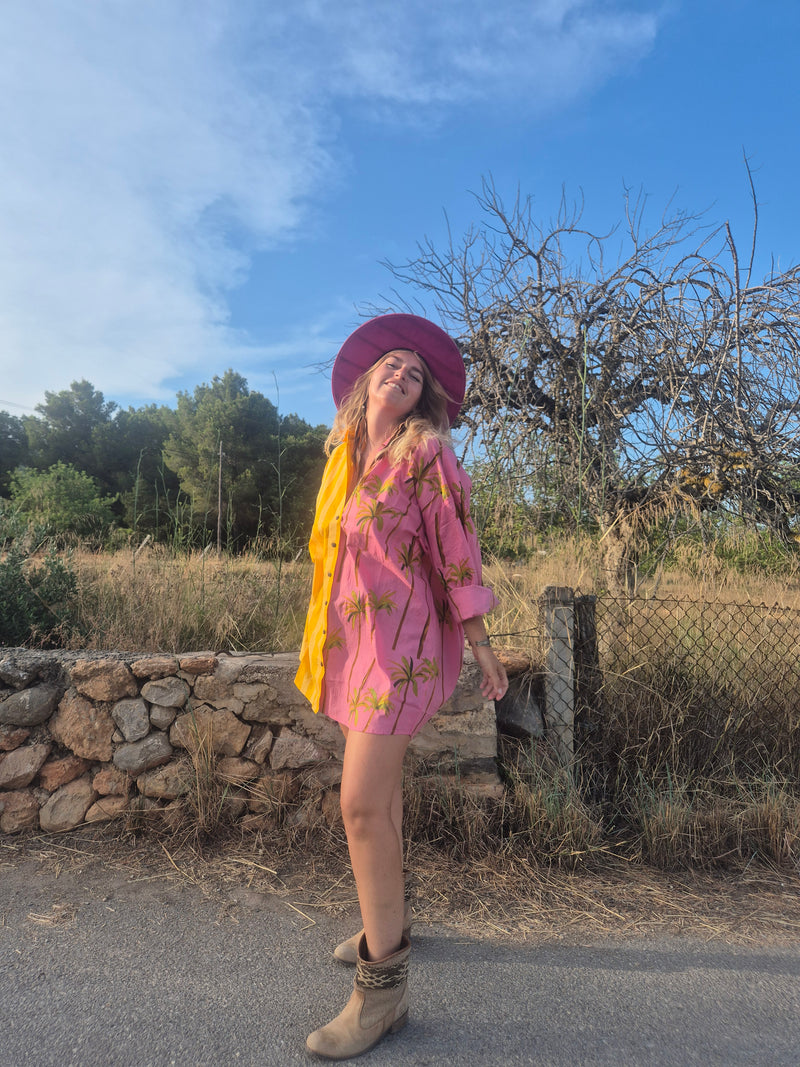 La Fairý • Cotton blockprint shirt/dress • one size • SUMMER VIBES • Pink palmtrees