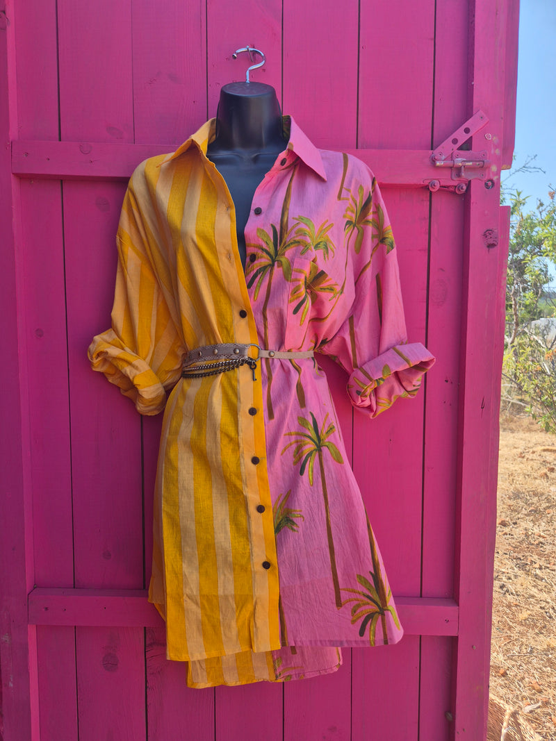La Fairý • Cotton blockprint shirt/dress • one size • SUMMER VIBES • Pink palmtrees