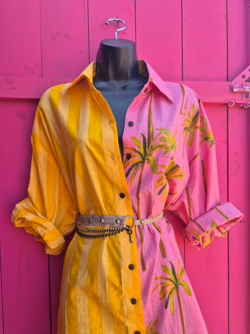 La Fairý • Cotton blockprint shirt/dress • one size • SUMMER VIBES • Pink palmtrees