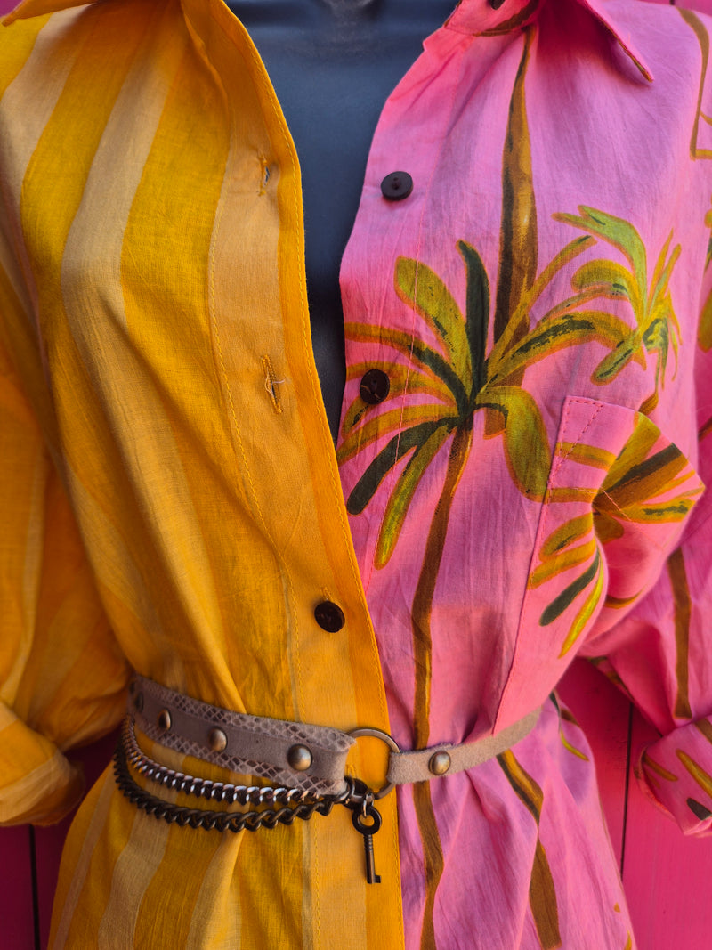 La Fairý • Cotton blockprint shirt/dress • one size • SUMMER VIBES • Pink palmtrees