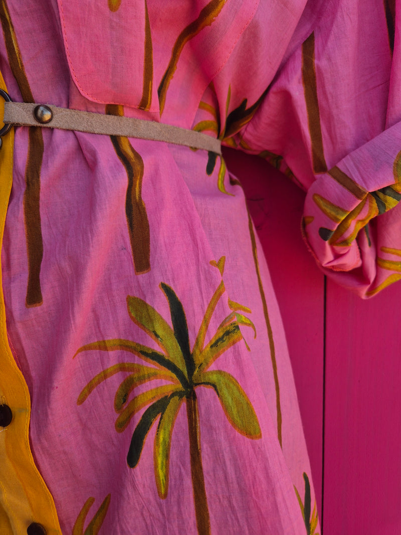 La Fairý • Cotton blockprint shirt/dress • one size • SUMMER VIBES • Pink palmtrees
