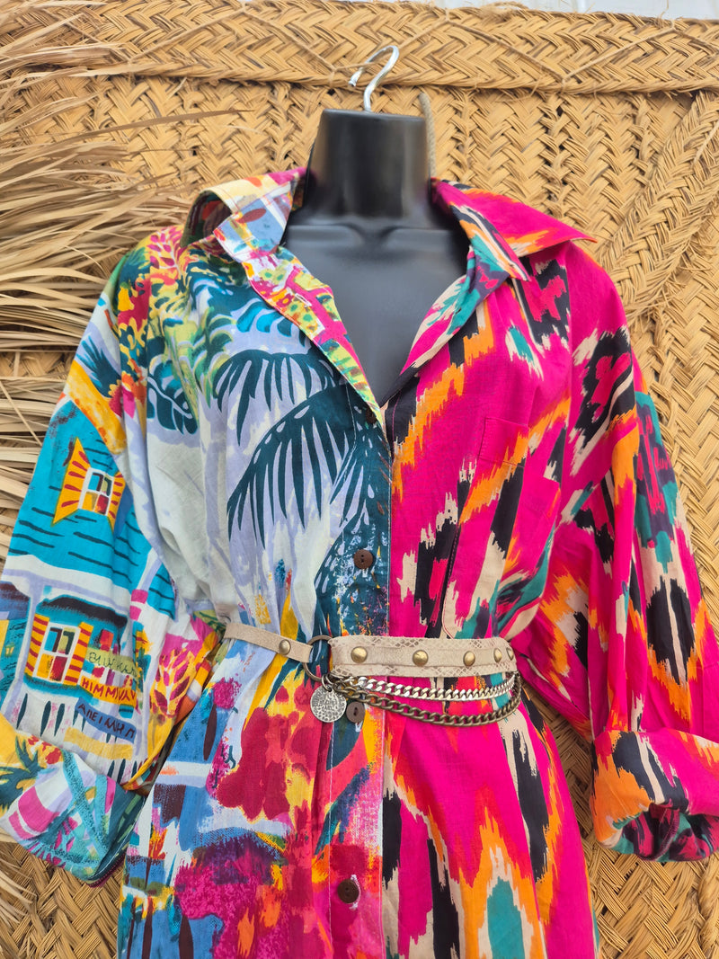 La Fairý • Cotton blockprint shirt/dress • one size • CARTAGENA x Ikat rosa