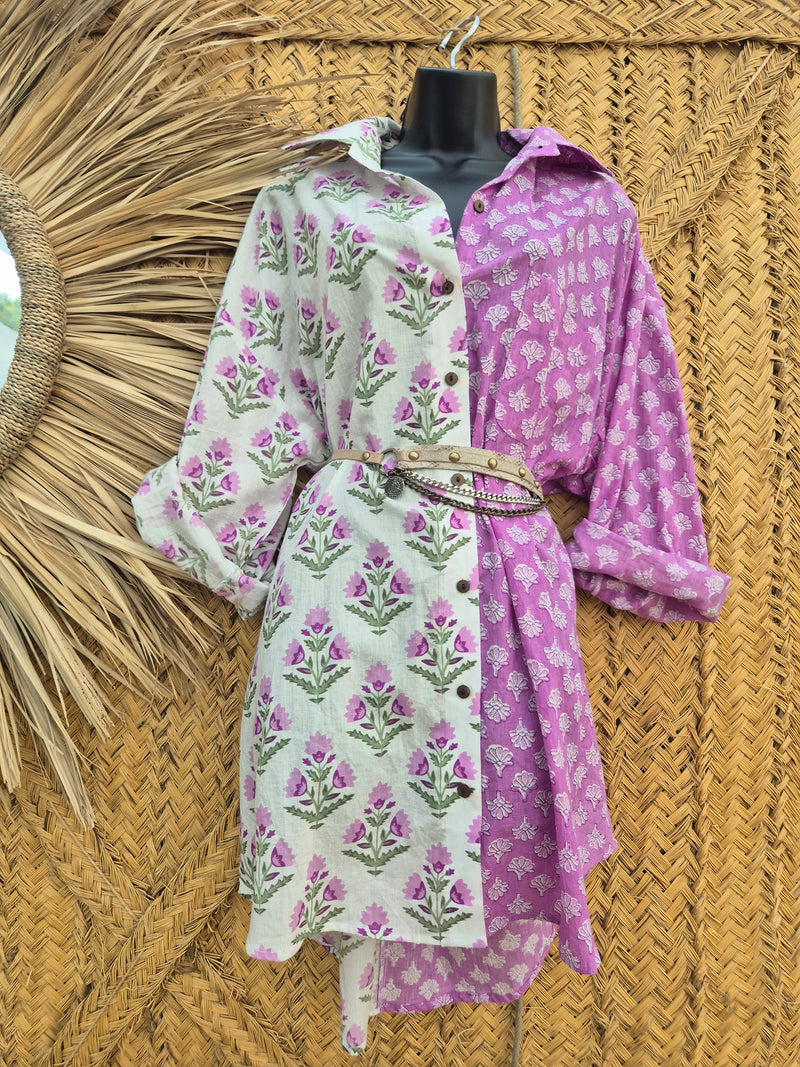 La Fairý • Cotton blockprint shirt/dress • one size • WHITE/LILA