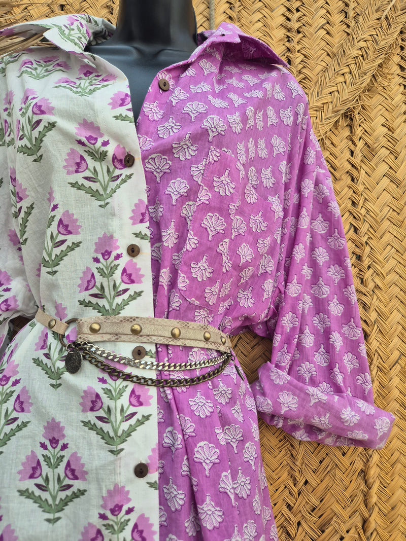 La Fairý • Cotton blockprint shirt/dress • one size • WHITE/LILA