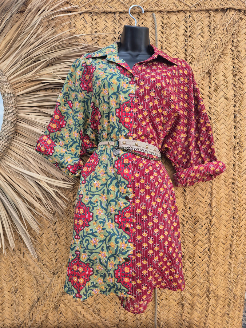 La Fairý • Cotton blockprint shirt/dress • one size • GREEN/RED