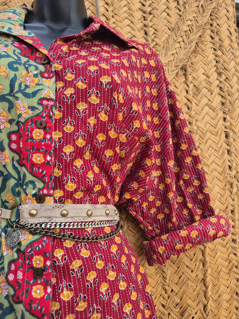 La Fairý • Cotton blockprint shirt/dress • one size • GREEN/RED