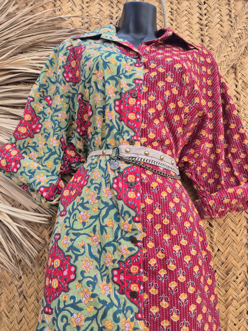La Fairý • Cotton blockprint shirt/dress • one size • GREEN/RED