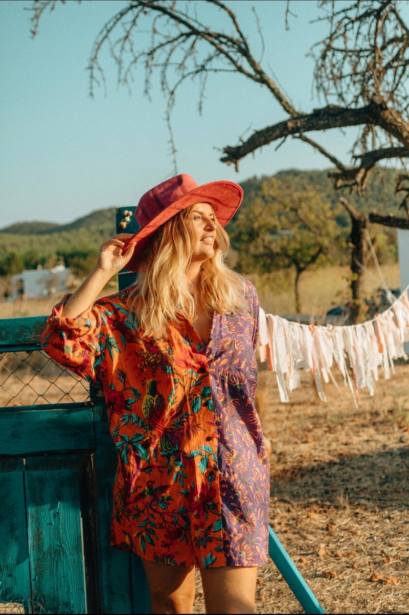 La Fairý • Cotton blockprint shirt/dress • one size • PURPLE/ORANGE