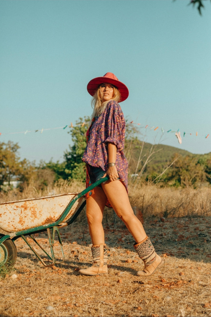 La Fairý • Cotton blockprint shirt/dress • one size • PURPLE/ORANGE