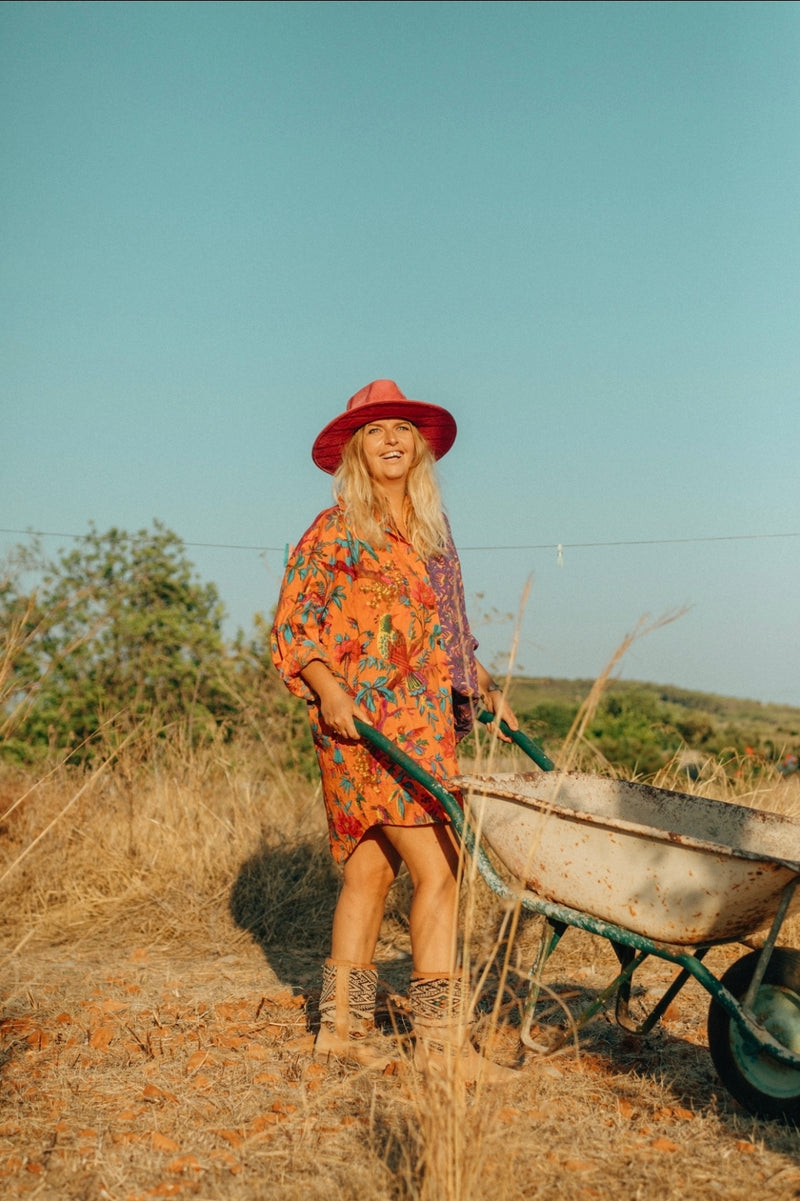 La Fairý • Cotton blockprint shirt/dress • one size • PURPLE/ORANGE