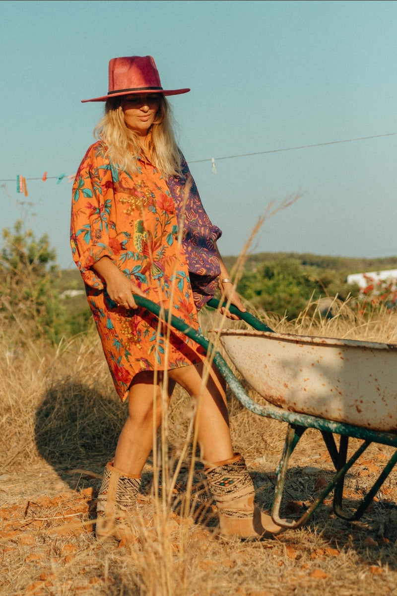 La Fairý • Cotton blockprint shirt/dress • one size • PURPLE/ORANGE