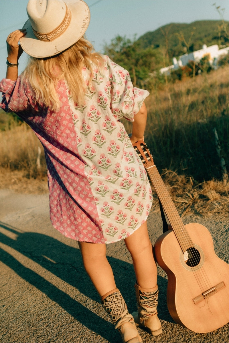 La Fairý • Cotton blockprint shirt/dress • one size • WHITE/LILA