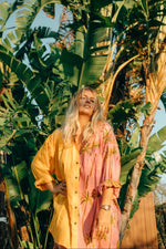 La Fairý • Cotton blockprint shirt/dress • one size • SUMMER VIBES • Pink palmtrees