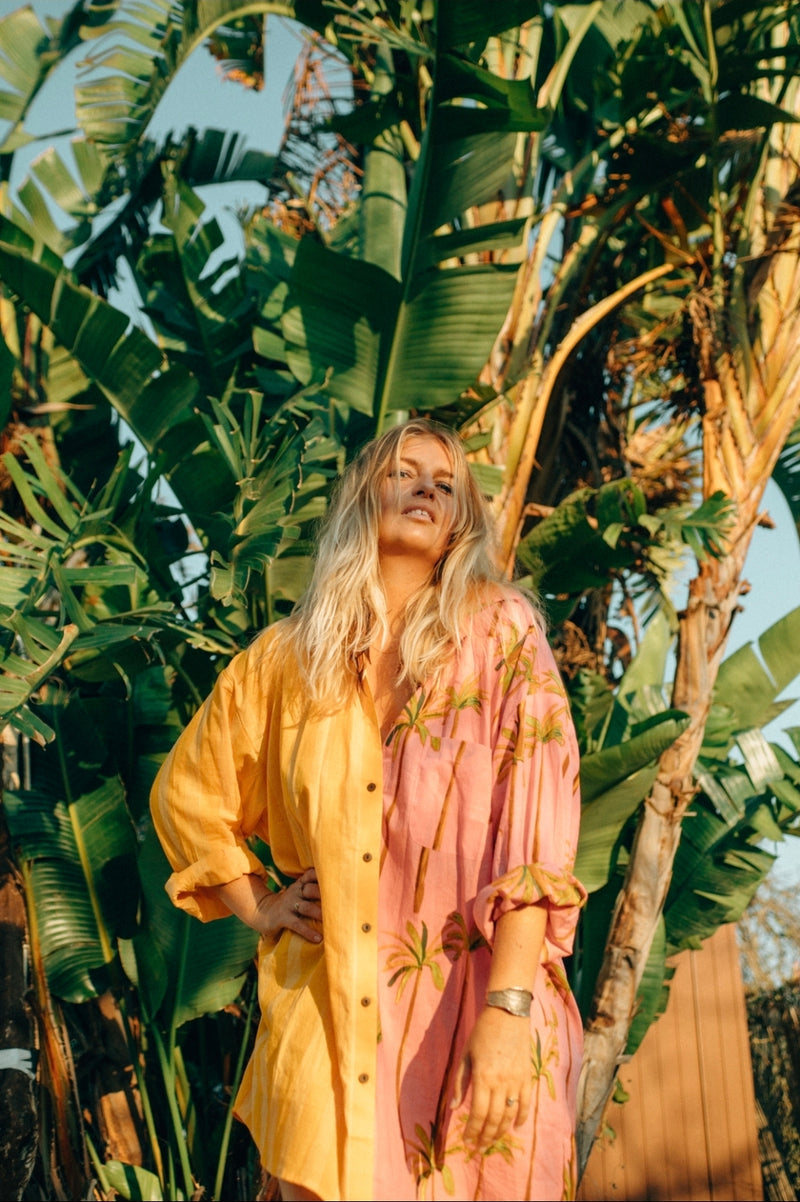 La Fairý • Cotton blockprint shirt/dress • one size • SUMMER VIBES • Pink palmtrees