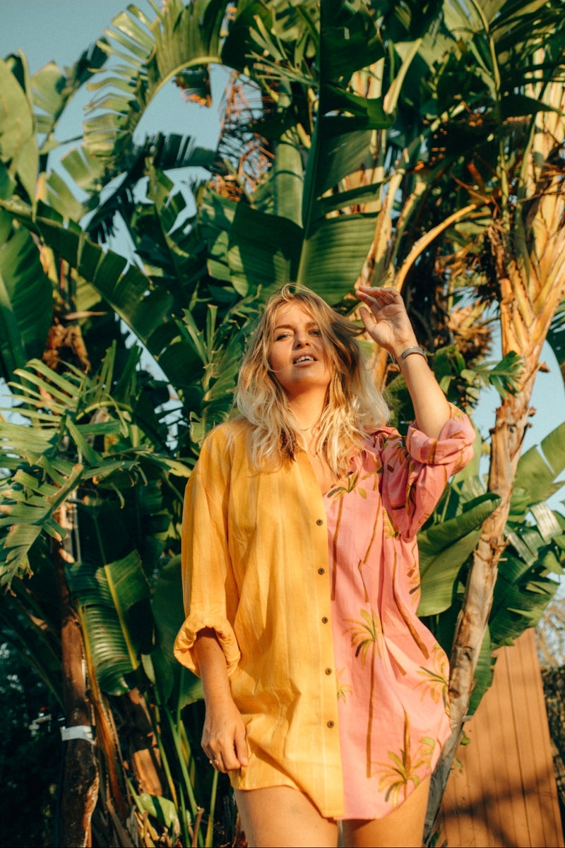 La Fairý • Cotton blockprint shirt/dress • one size • SUMMER VIBES • Pink palmtrees